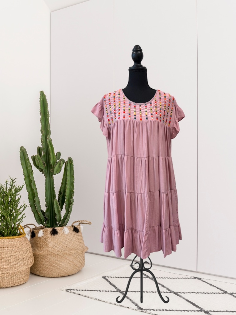 Entro Ruffle Short Sleeve Embroidered Neckline Shift Dress
